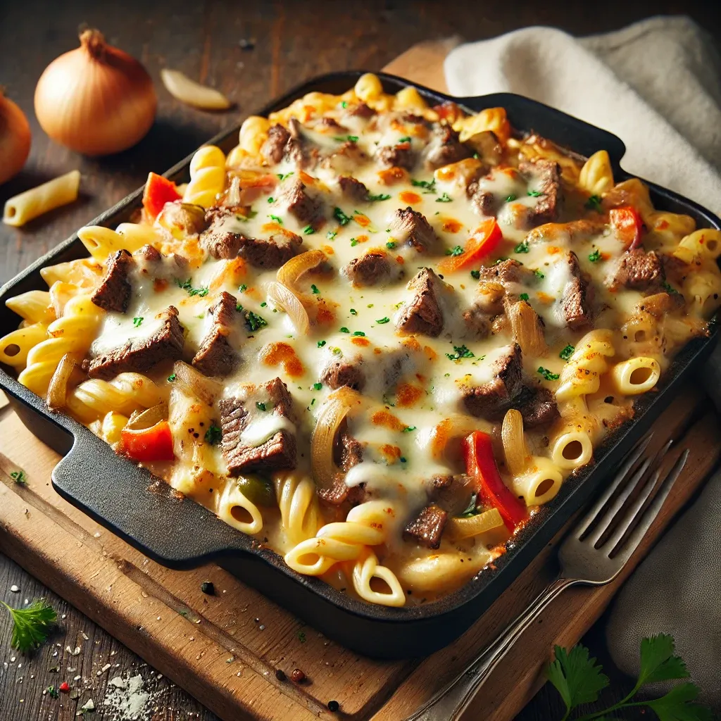 DALL·E 2025-03-14 14.27.54 - A delicious Philly cheesesteak pasta tray, featuring creamy pasta topped with thinly sliced beef, melted cheese, sautéed onions, and bell peppers. The